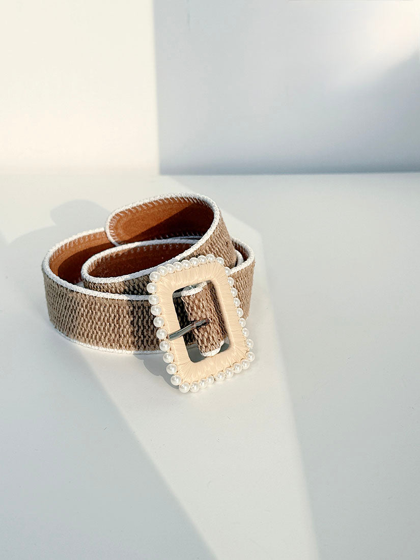 Pearl Embellished Raffia Belt
