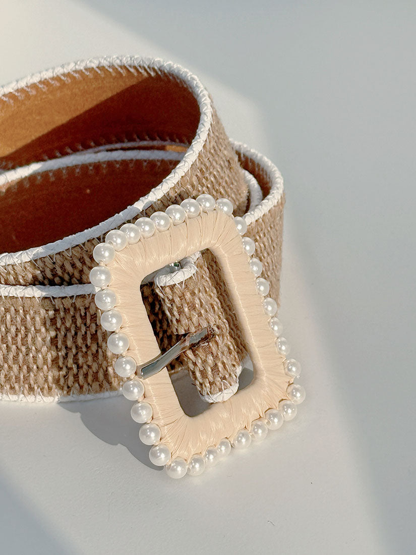 Pearl Embellished Raffia Belt