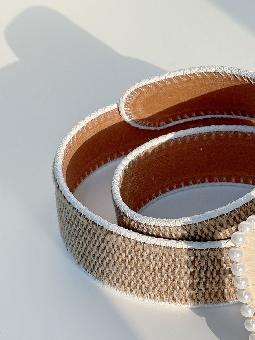 Pearl Embellished Raffia Belt
