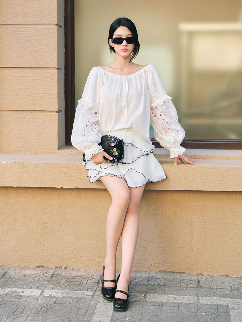 Drawstring Off Shoulder Floral Embroidered Blouse