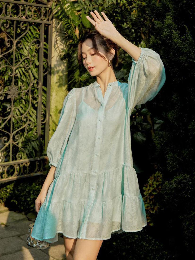 Puff Sleeve Shirt Dress With Ruffles