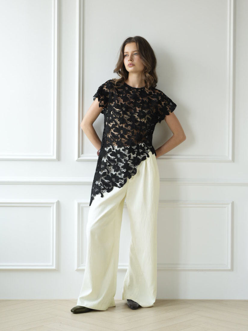 Asymmetric Floral Top - Black