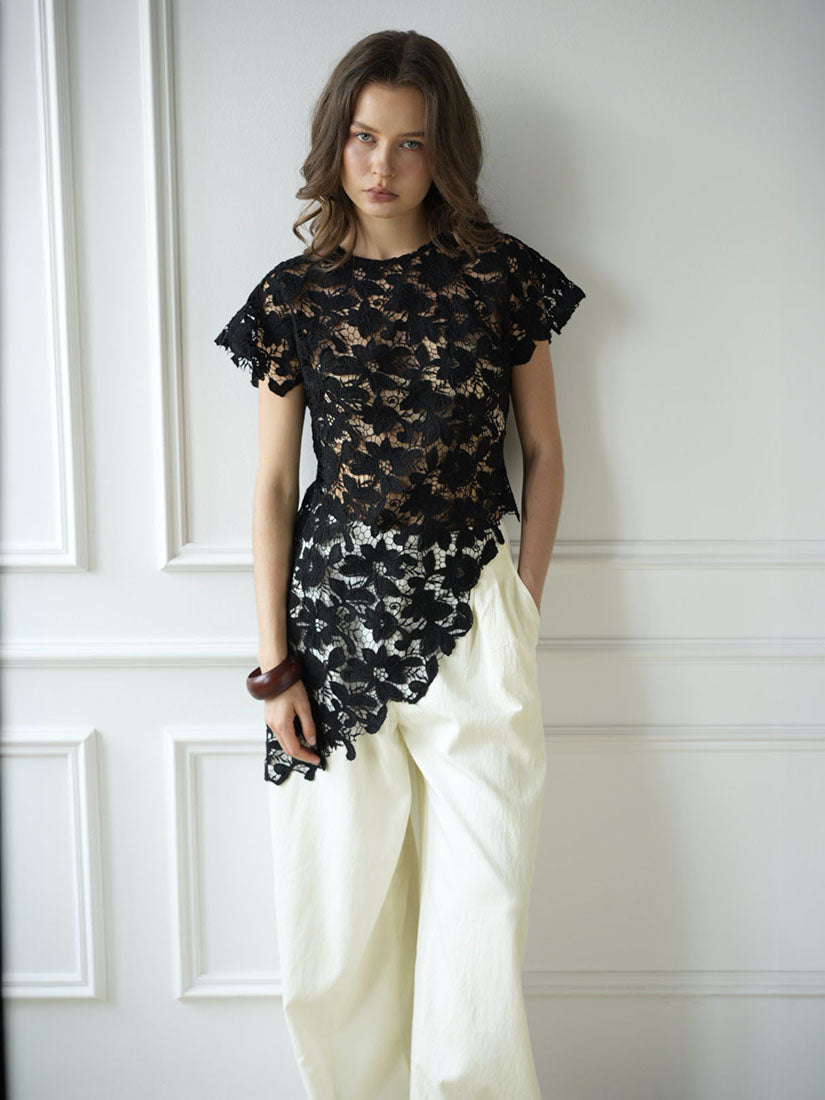 Asymmetric Floral Top - Black