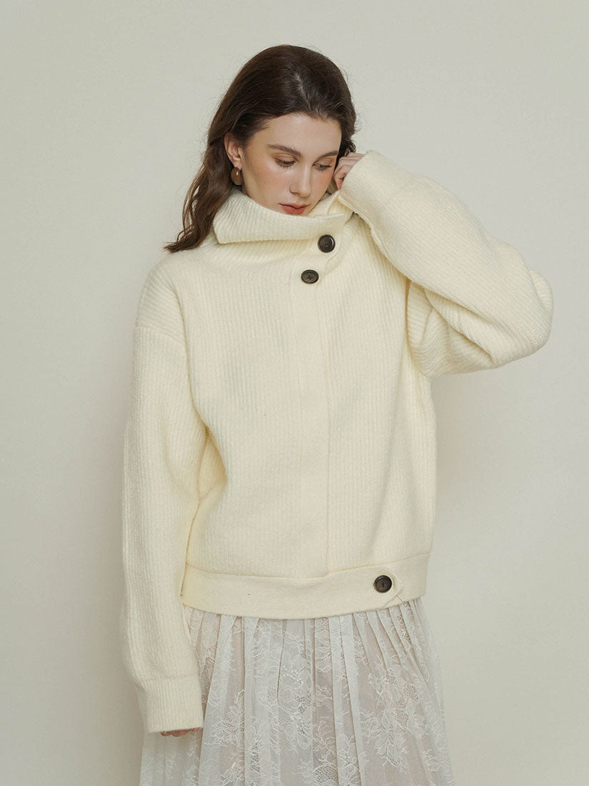 White Side-Button High Neck Knitwear