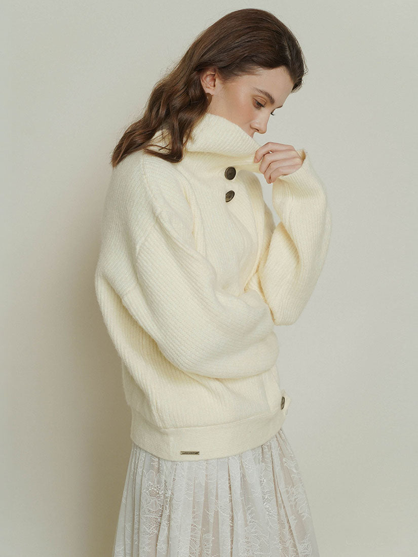 White Side-Button High Neck Knitwear