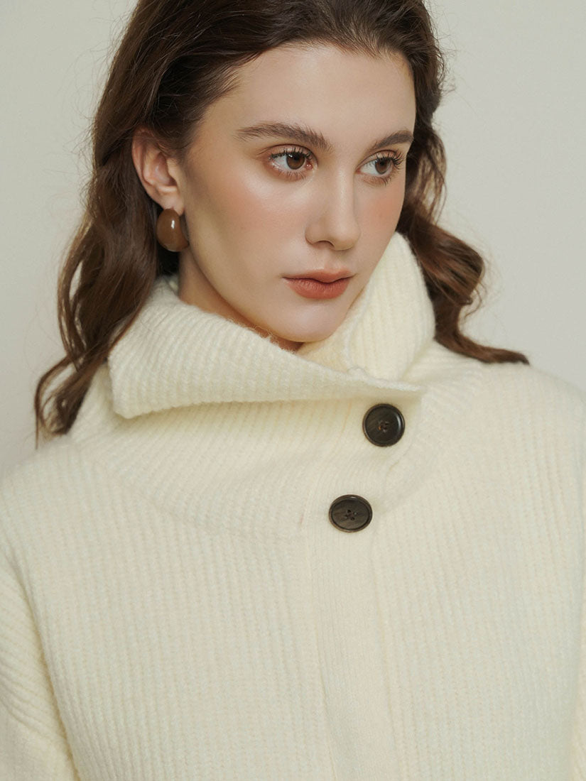 White Side-Button High Neck Knitwear
