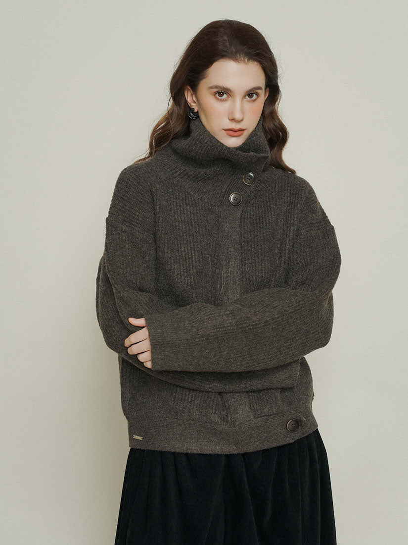 Grey Side-Button High Neck Knitwear