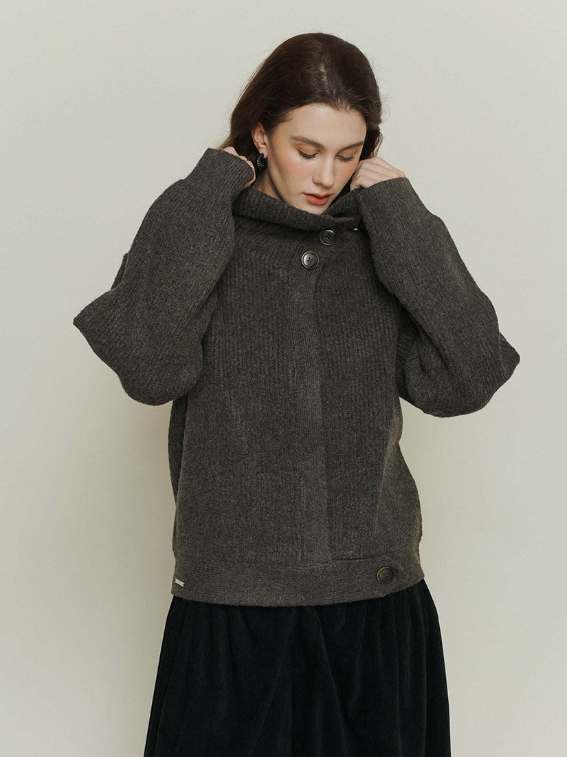 Grey Side-Button High Neck Knitwear