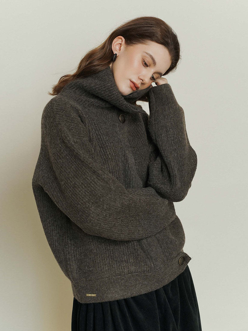 Grey Side-Button High Neck Knitwear