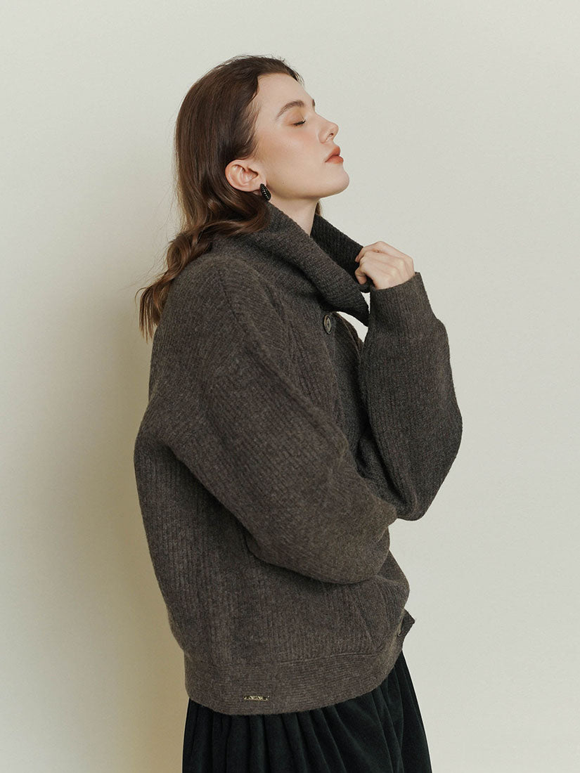 Grey Side-Button High Neck Knitwear