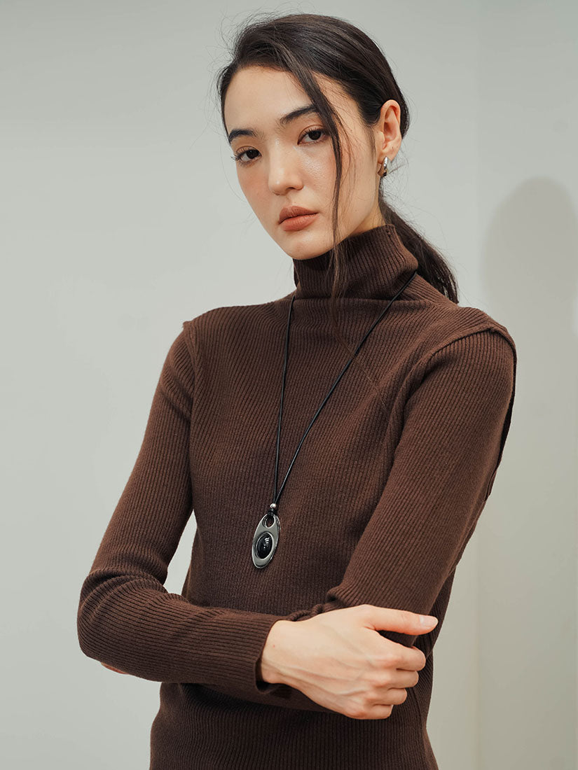 Brown Turtleneck Rough Knit Top