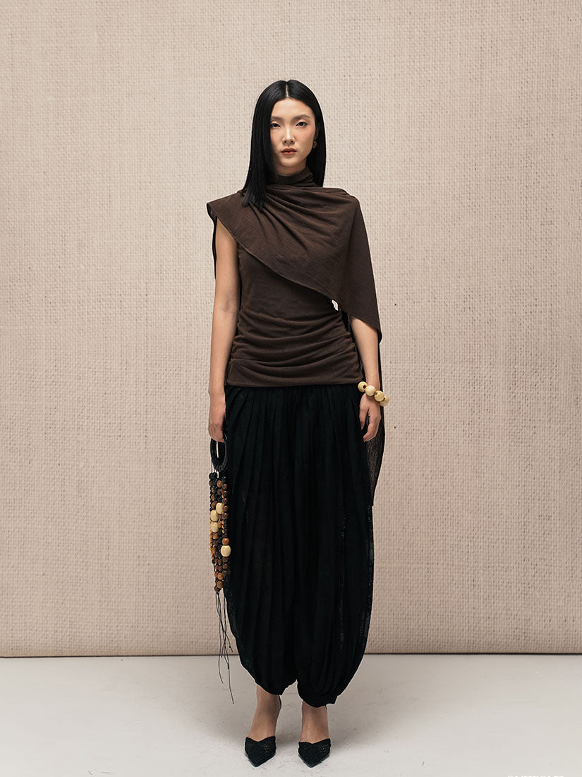Brown Asymmetrical Scarf Top