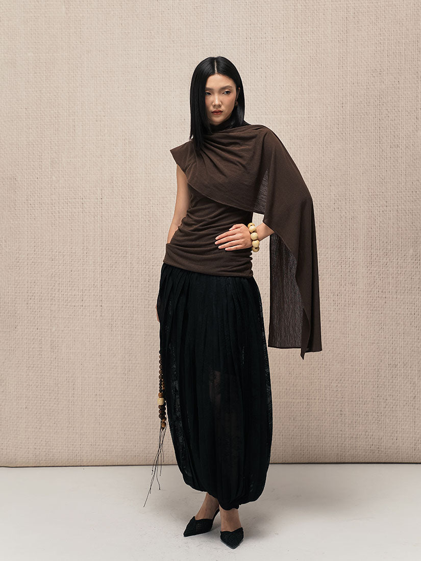 Brown Asymmetrical Scarf Top