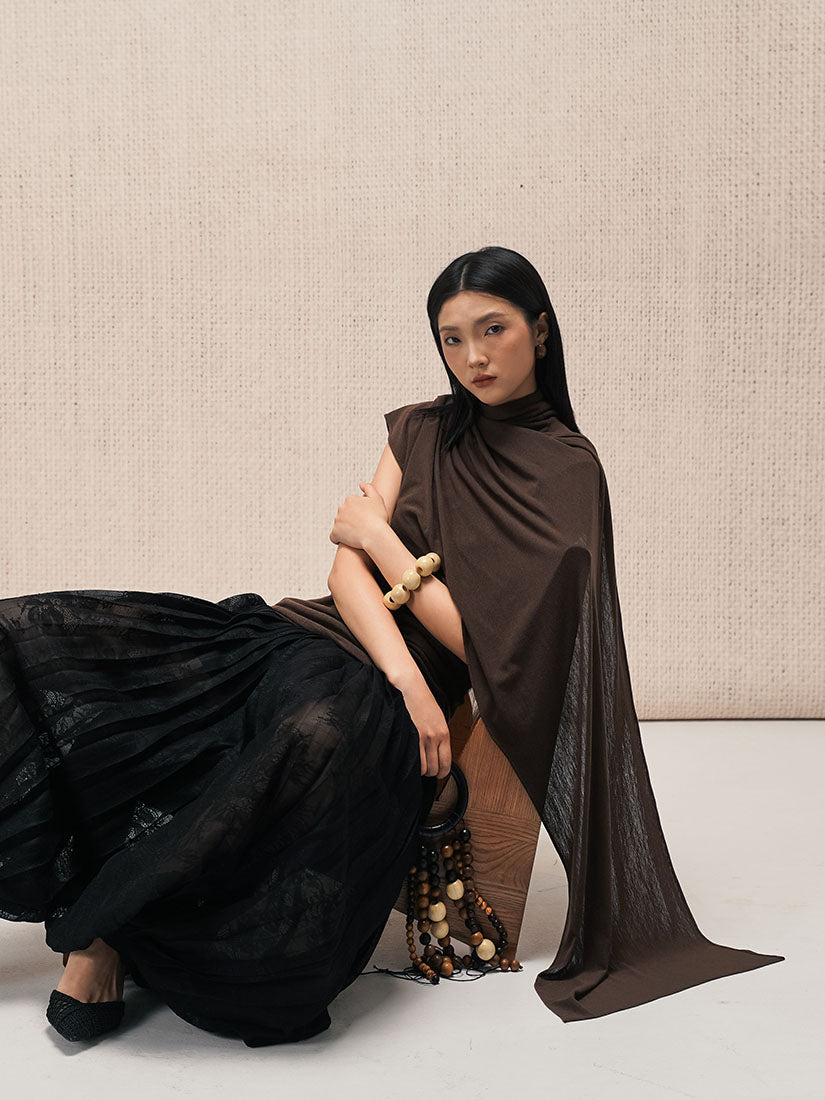 Brown Asymmetrical Scarf Top