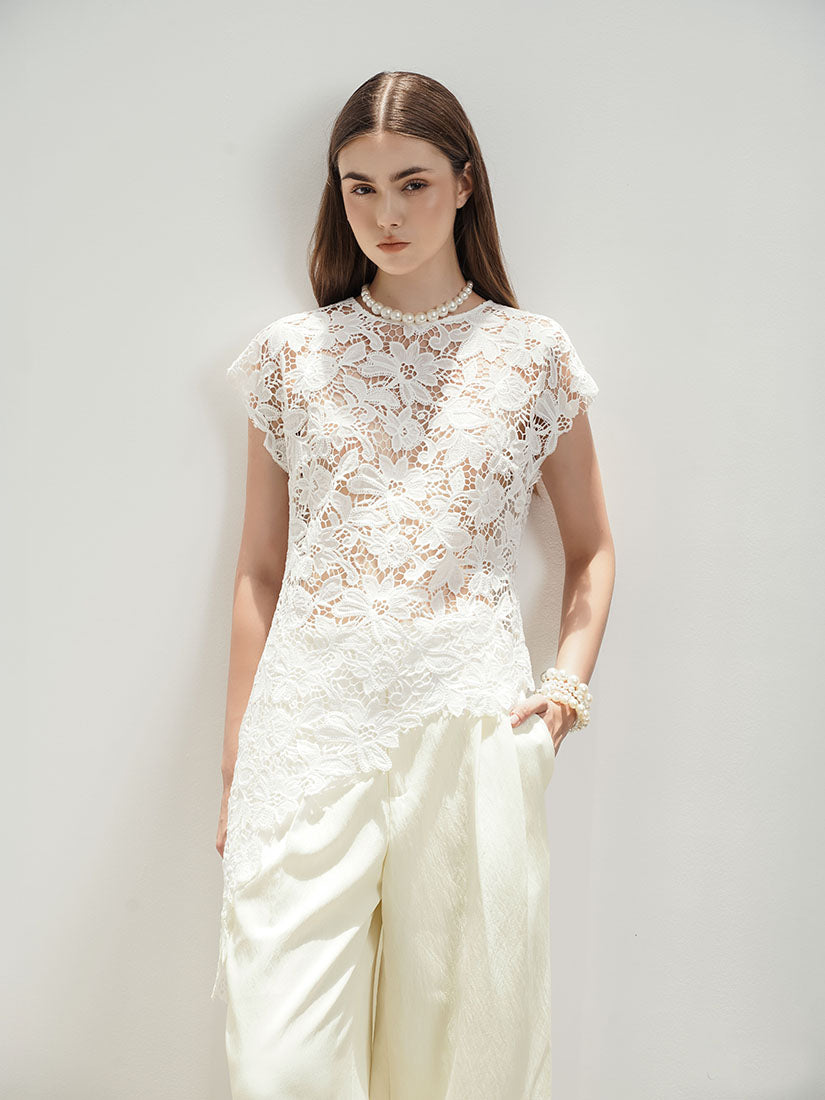 Asymmetric Floral Top - White