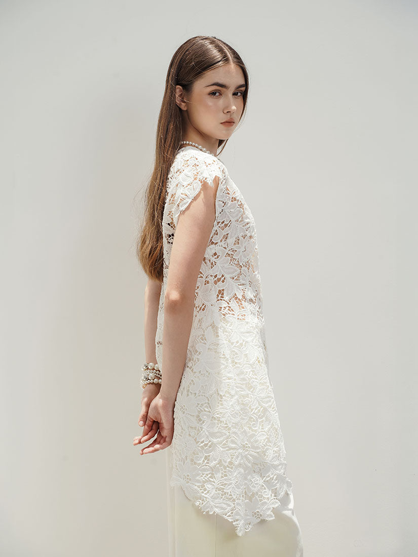 Asymmetric Floral Top - White