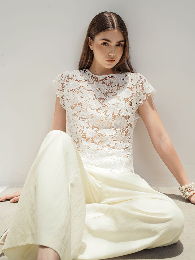 Asymmetric Floral Top - White