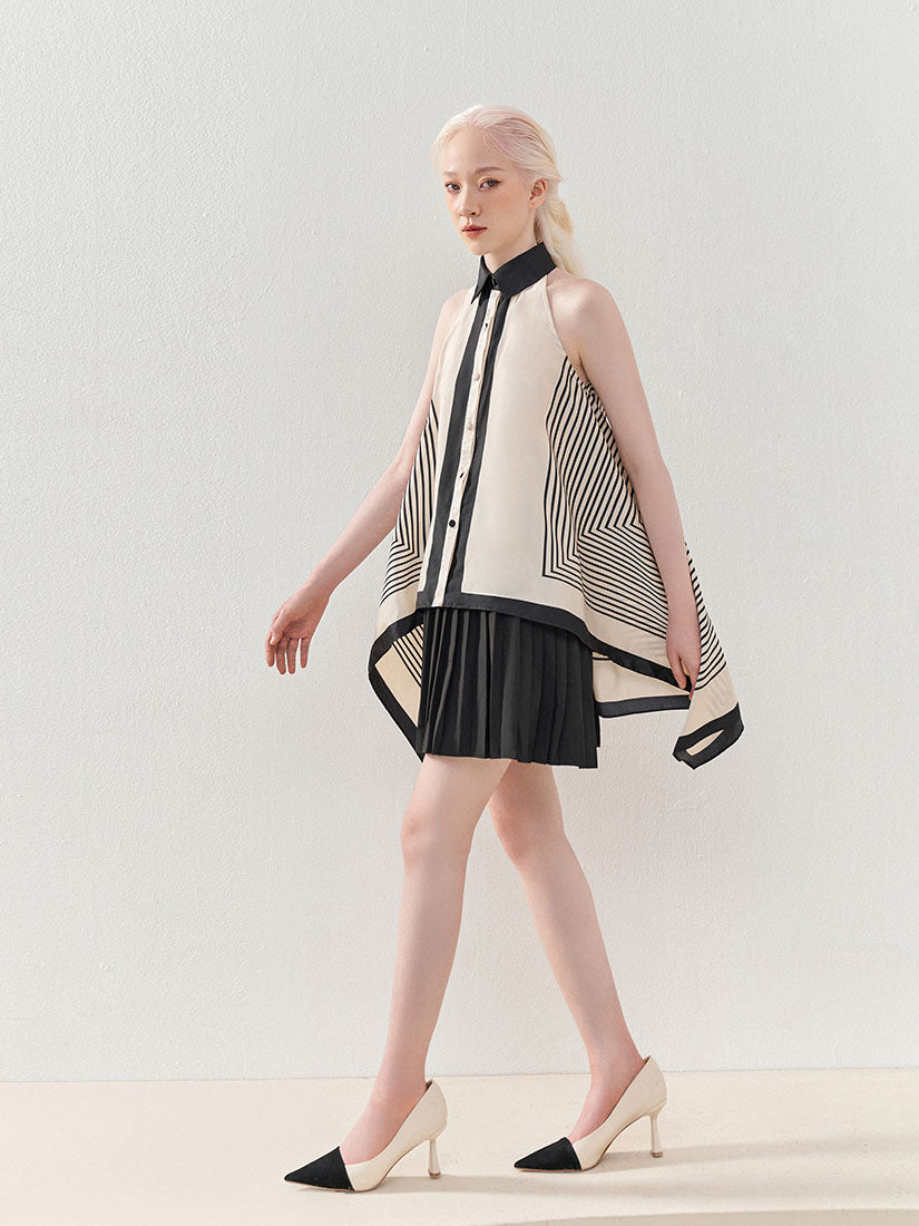 Stripe Printed Side Drape Halter Shirt