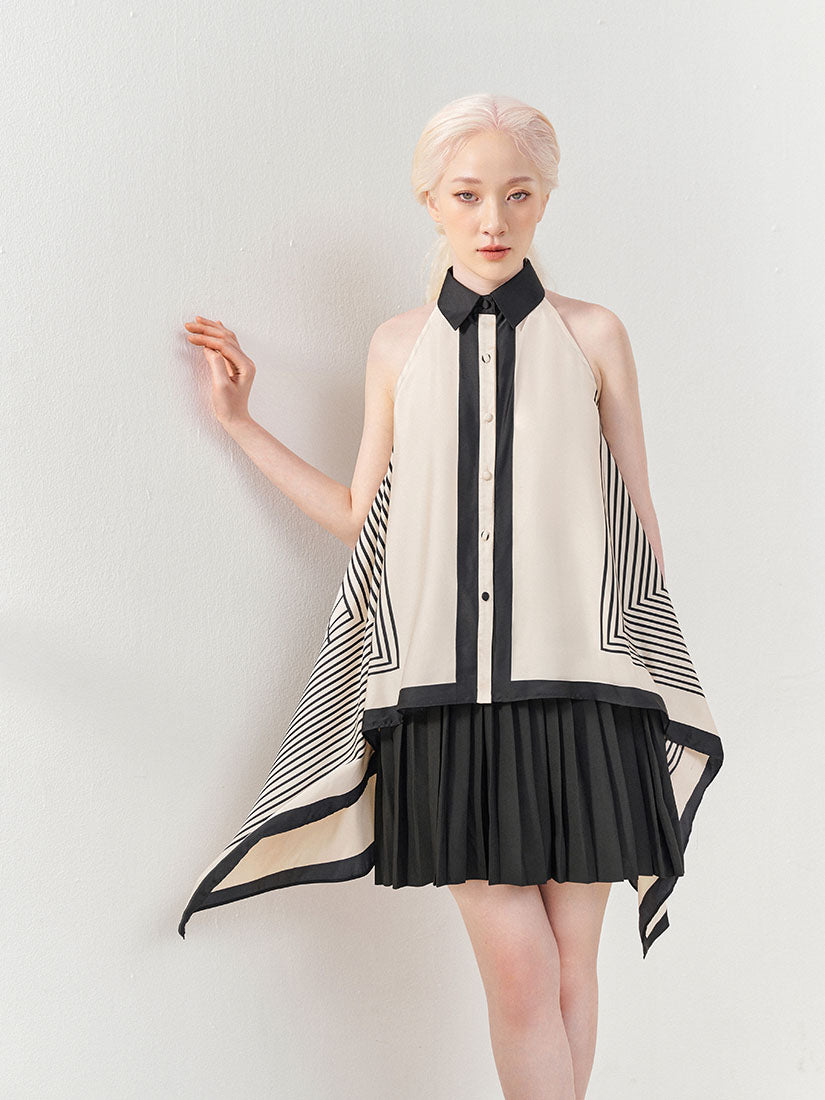 Stripe Printed Side Drape Halter Shirt