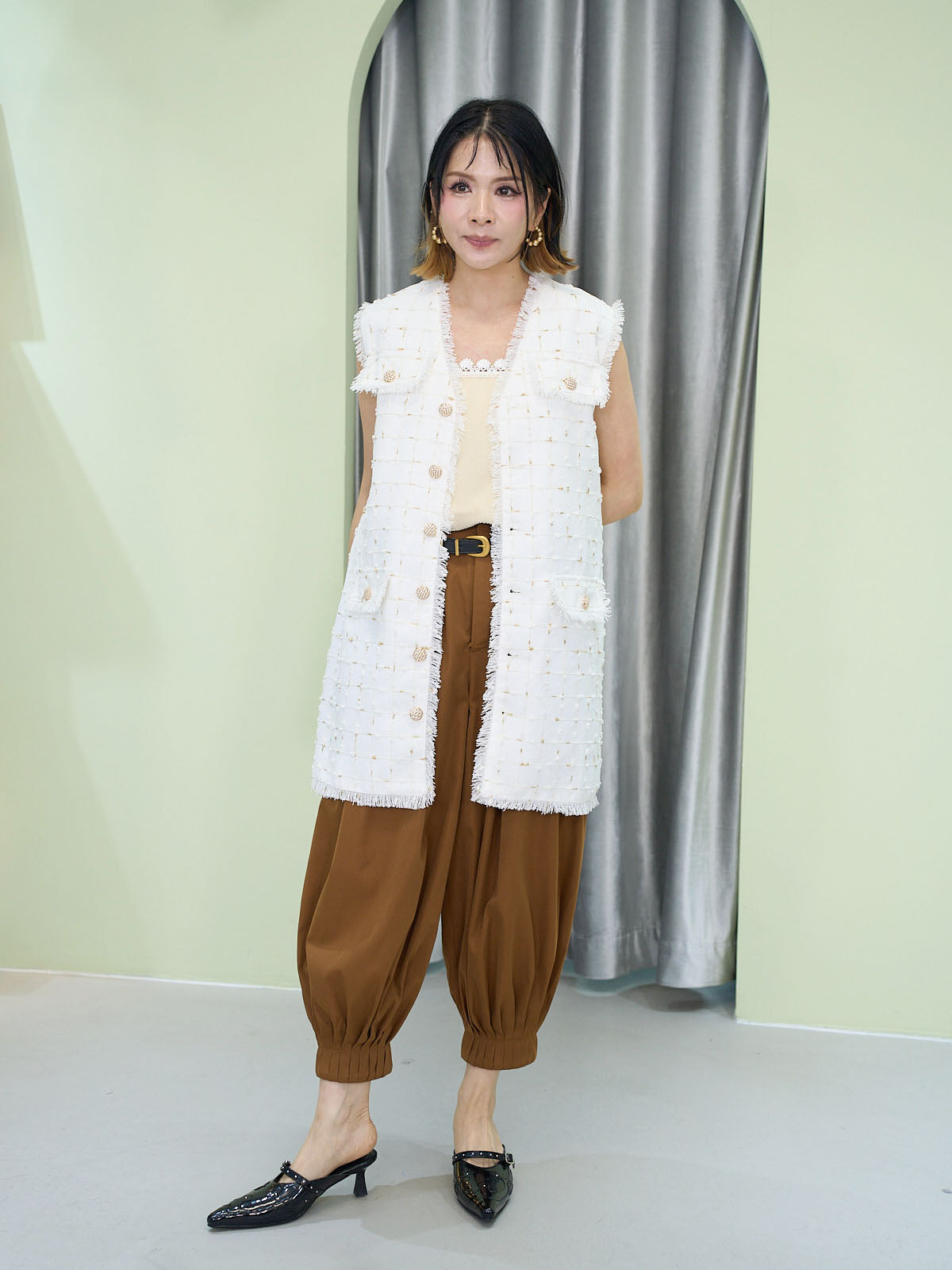 Tassels Trim Golden Button Tweed Dress