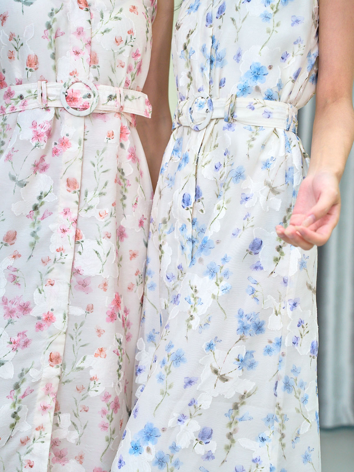 Belted Floral Jacquard Band Collar V Neck Midi Dress - Pink