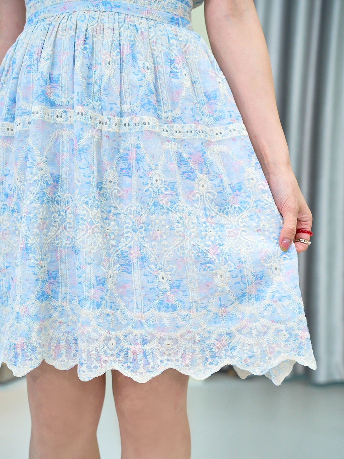 Floral Perforated Deep V Neck Knee Length Dress
