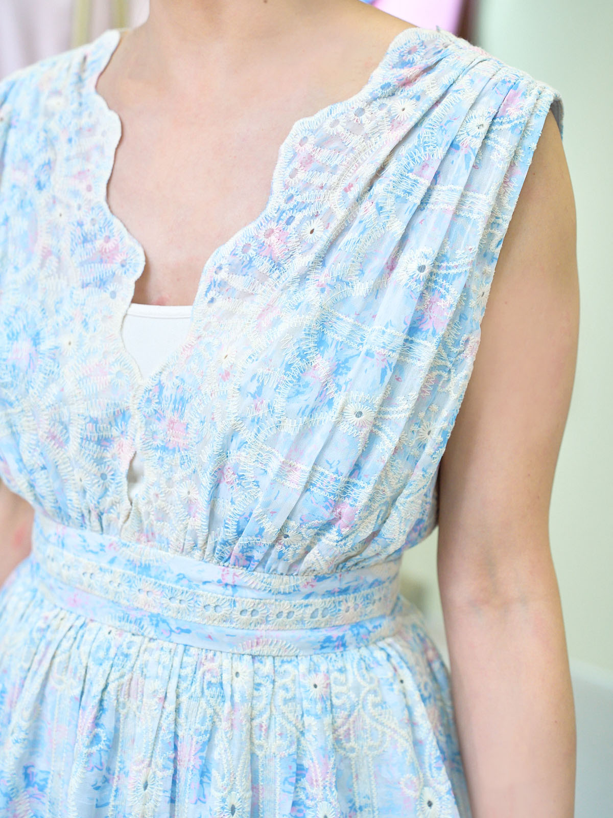 Floral Perforated Deep V Neck Knee Length Dress