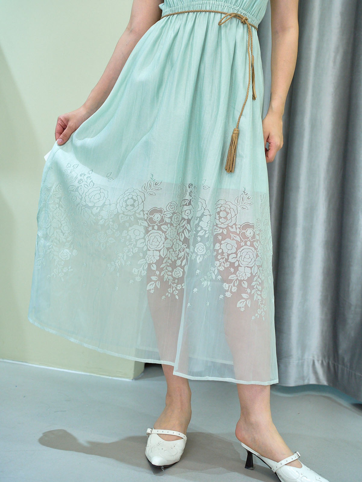 Mint Burn Out Floral V Neck Dress