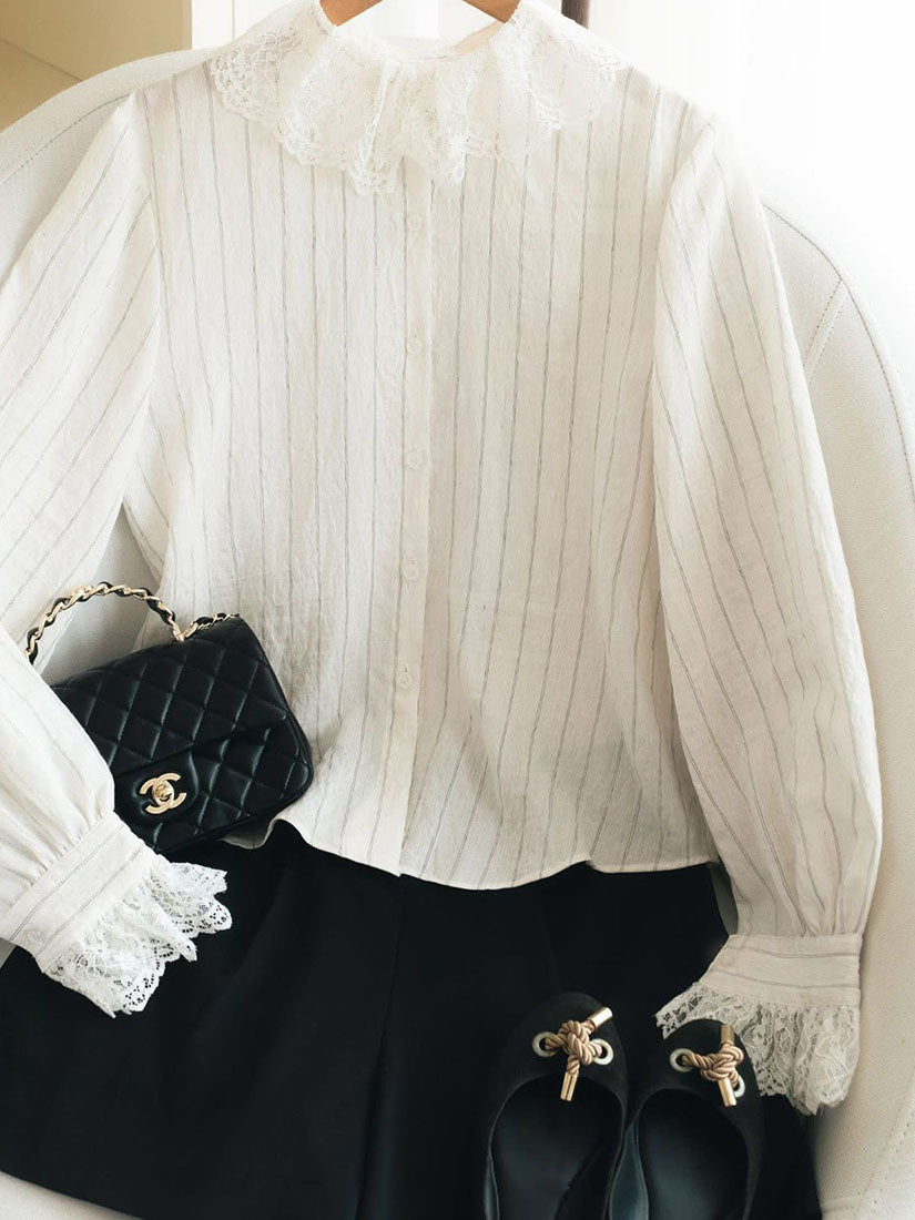 Lace Collar Pin-striped Shirt