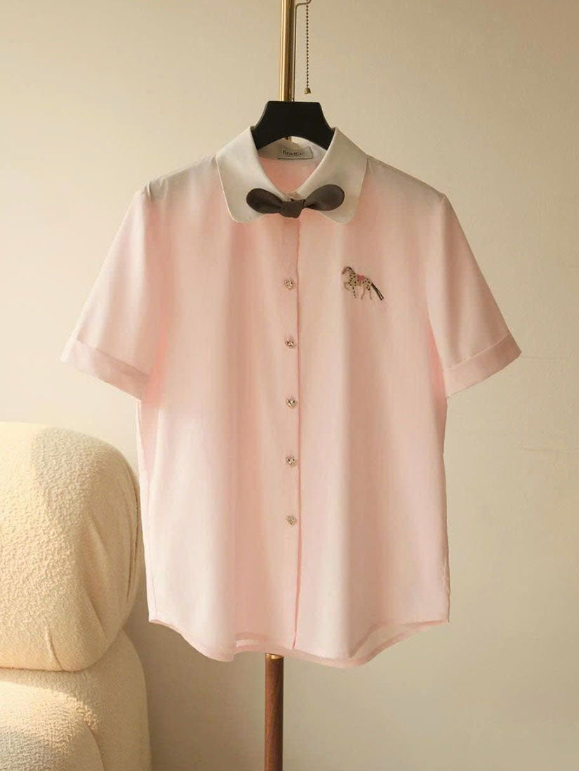 Embroidered Horses Short Sleeve Shirt With Detachable Bow