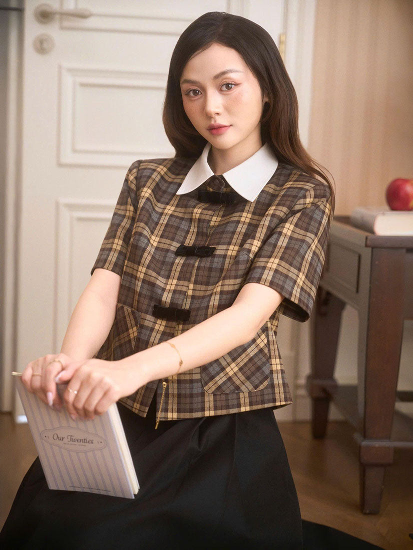 Velvet Bow Plaid Shirt Jacket