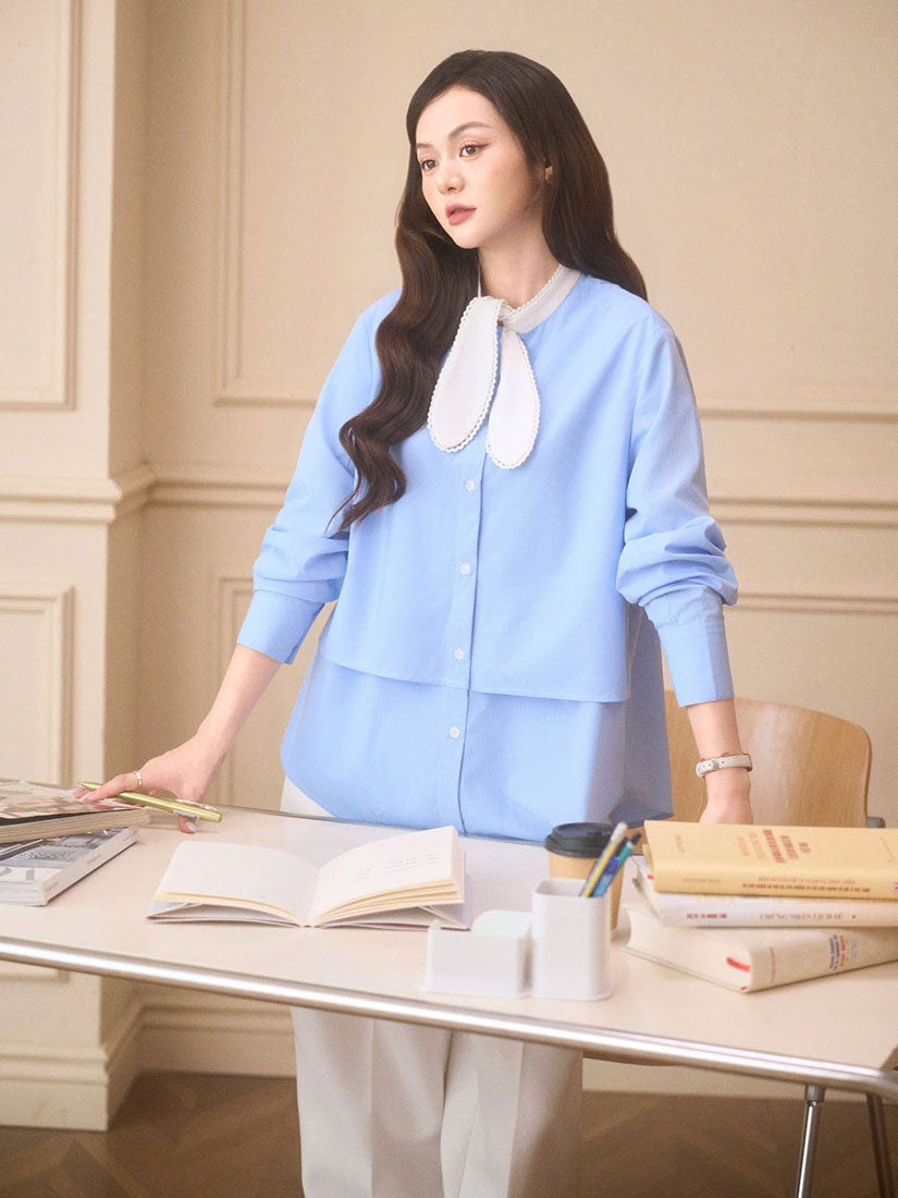 Lace Edge Tie Neck Layered Shirt