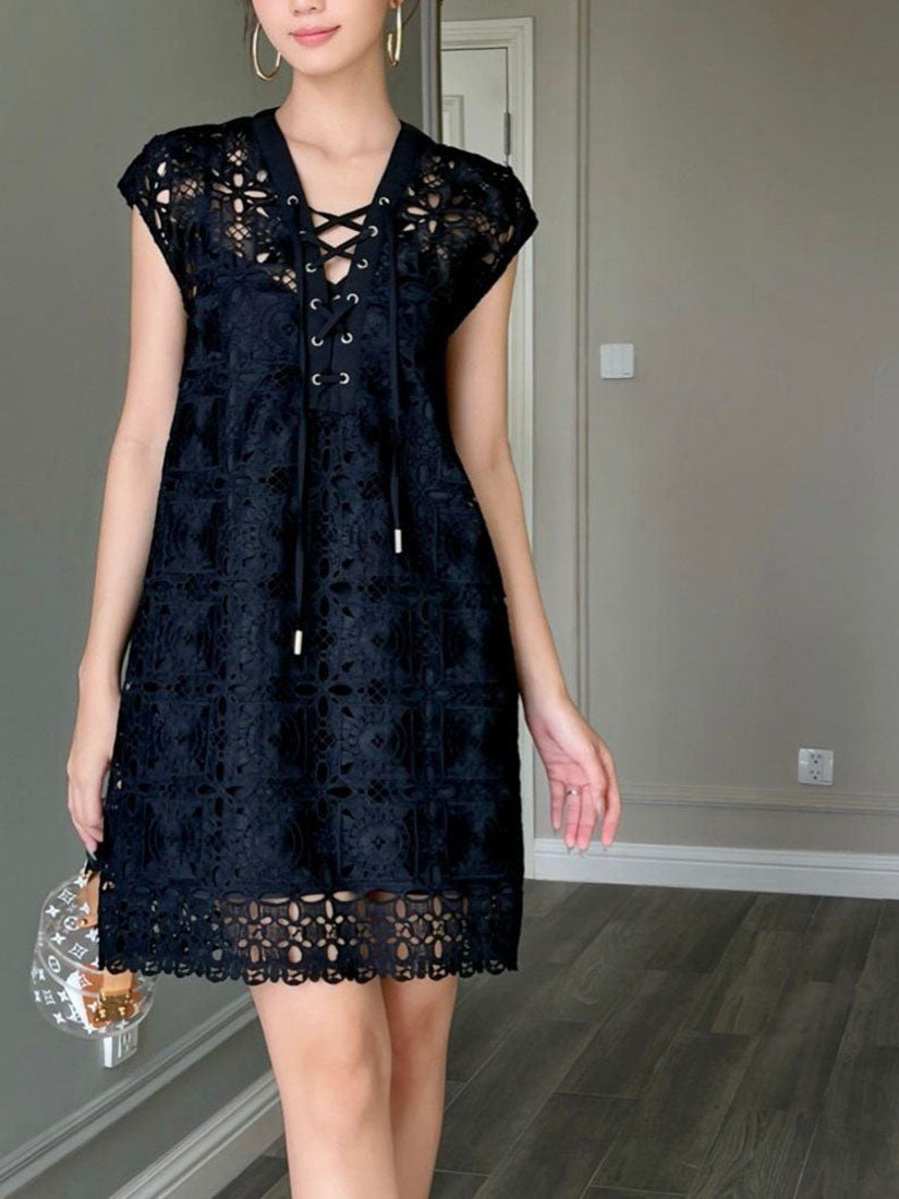 Lace Up Front Lace Vest Dress - Black