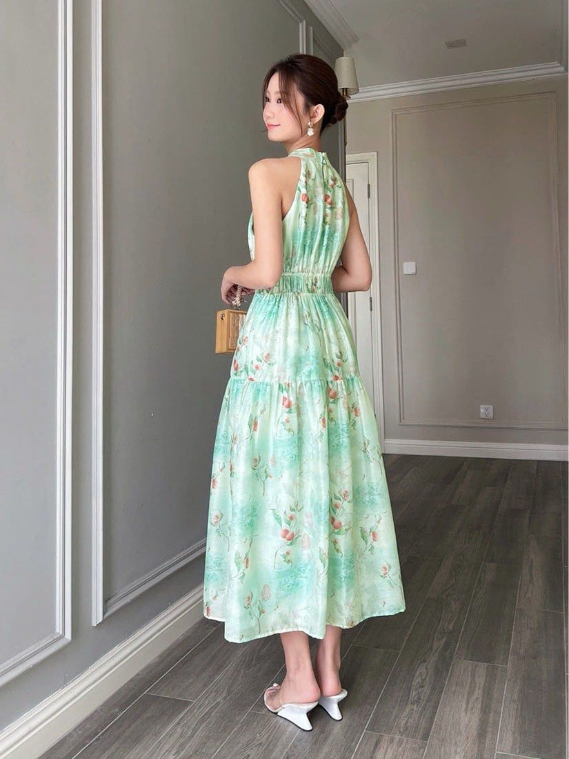 Floral Printed Halter Neck Gathered Waist Dress