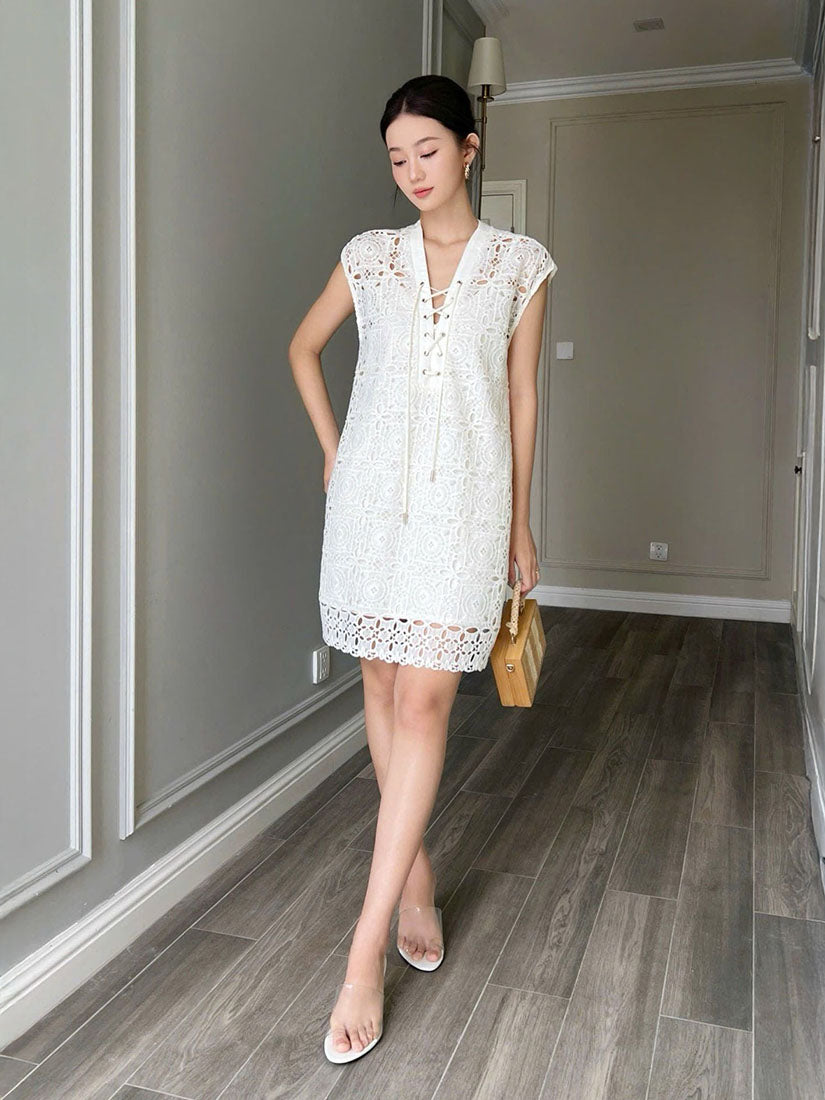 Lace Up Front Lace Vest Dress - White