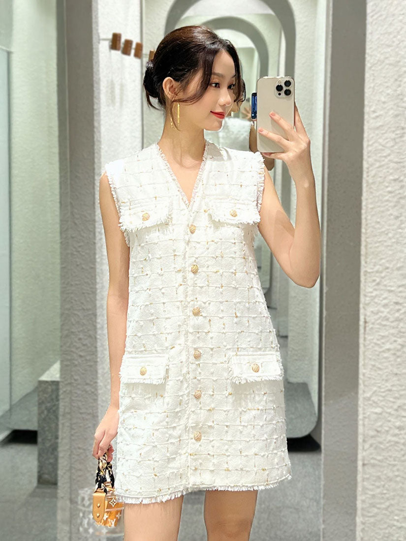 Tassels Trim Golden Button Tweed Dress