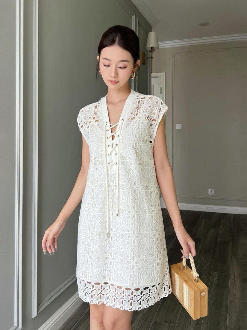 Lace Up Front Lace Vest Dress - White