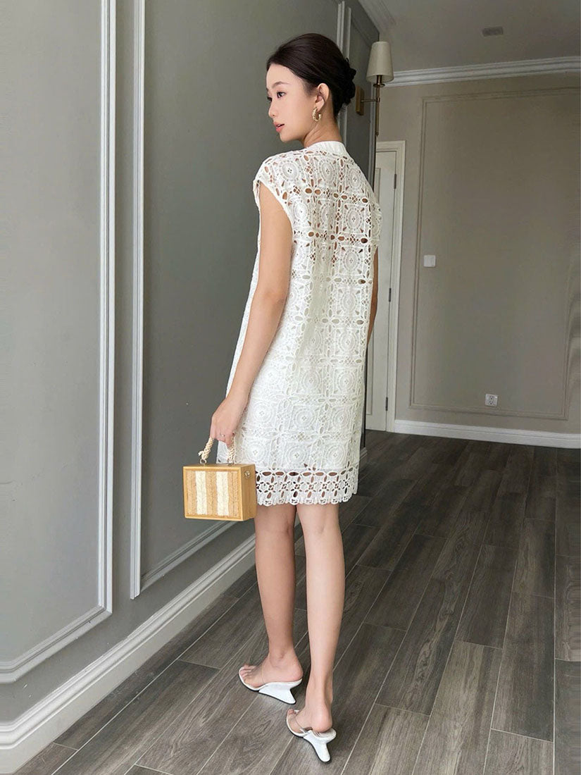 Lace Up Front Lace Vest Dress - White