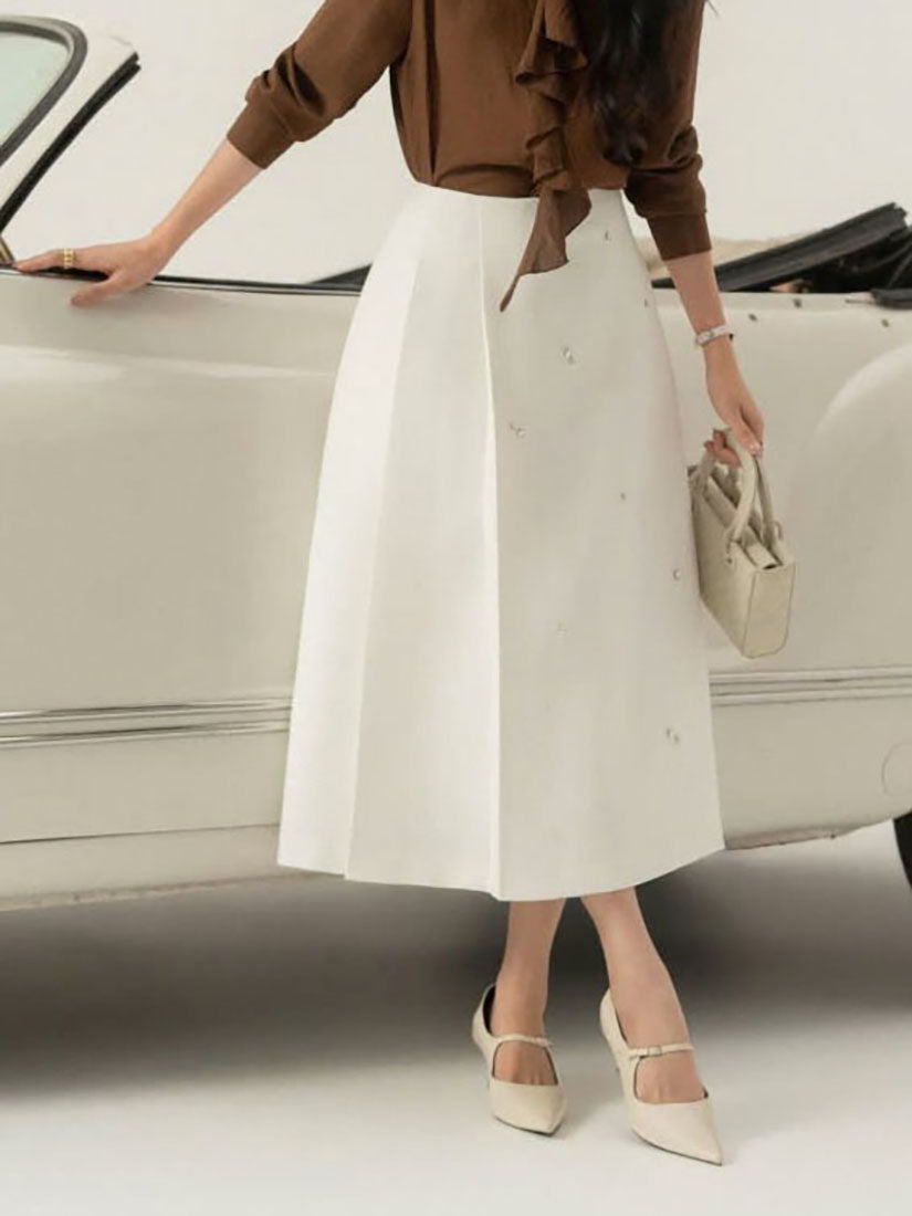 Gemstones Embellished Pleated Skirt - White