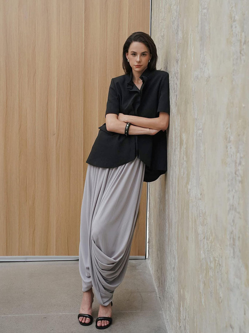 Grey Draped Midi Skirt