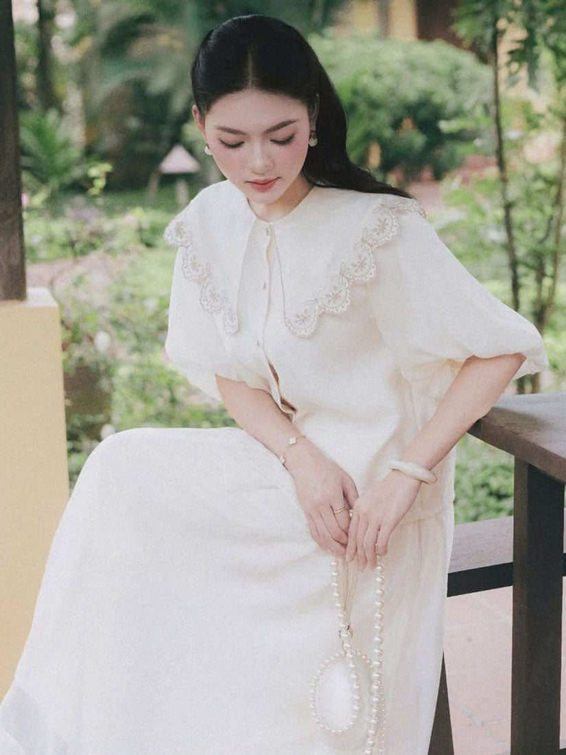 Embroidered Collar Puff Sleeve Shirt