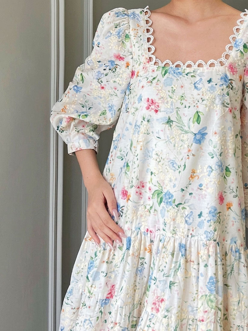 Square Neck Puffy Sleeve Floral Embroidered Dress