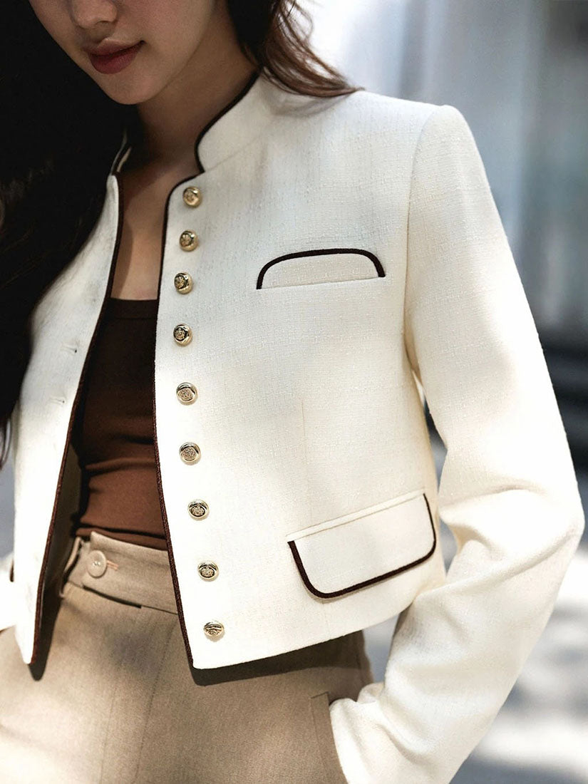 Cream Contrast Trim Mandarin Blazer
