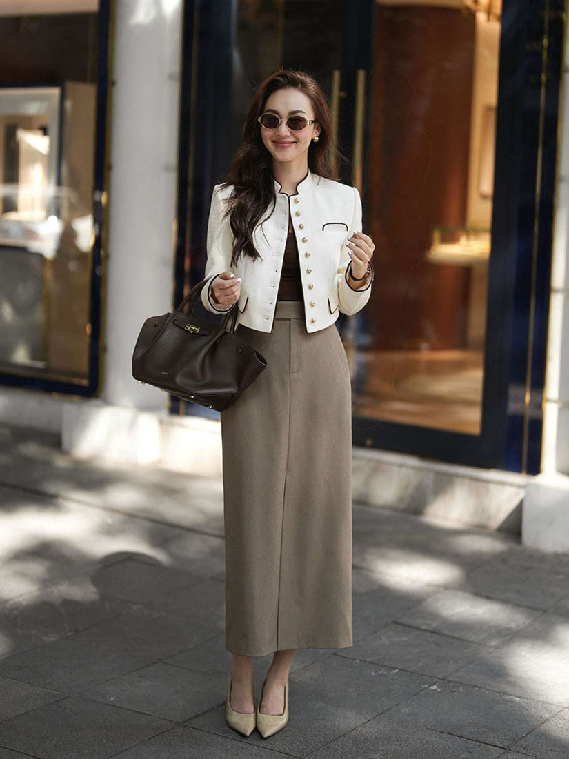 Cream Contrast Trim Mandarin Blazer