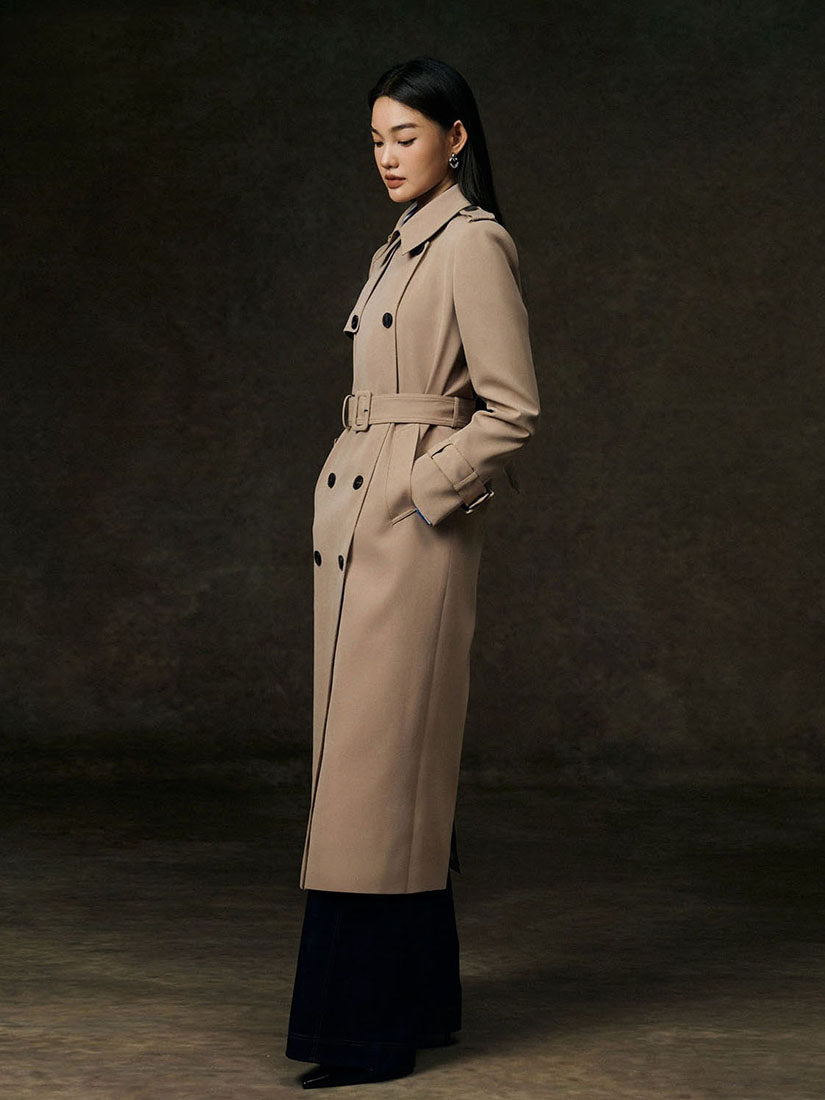 Beige Double Breasted Belted Trench Coat