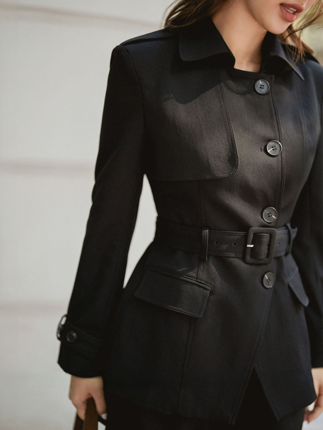 Black Structured Cinched Waist Jacket