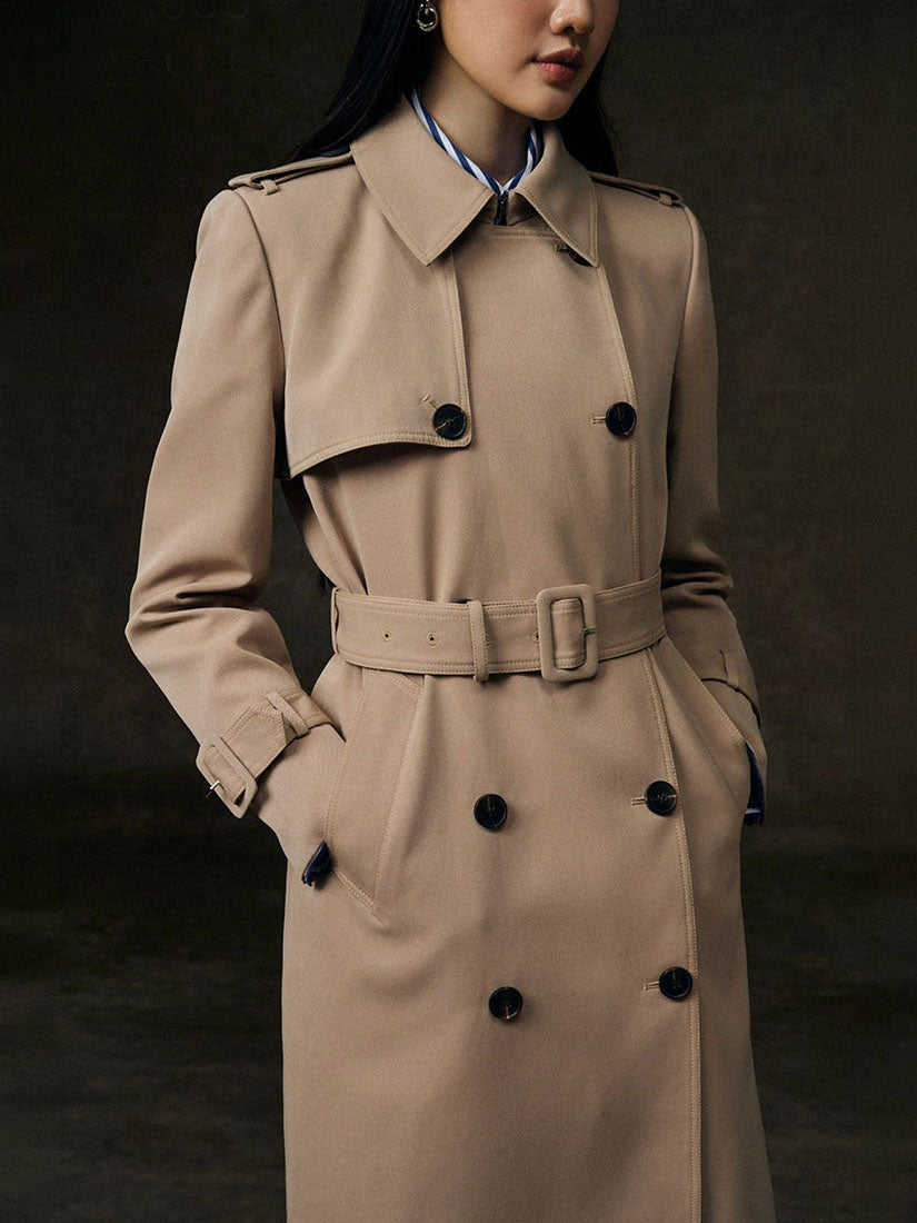 Beige Double Breasted Belted Trench Coat