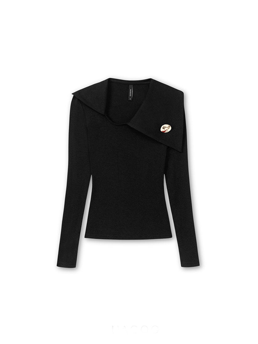 Black Asymmetric Collar Button Top