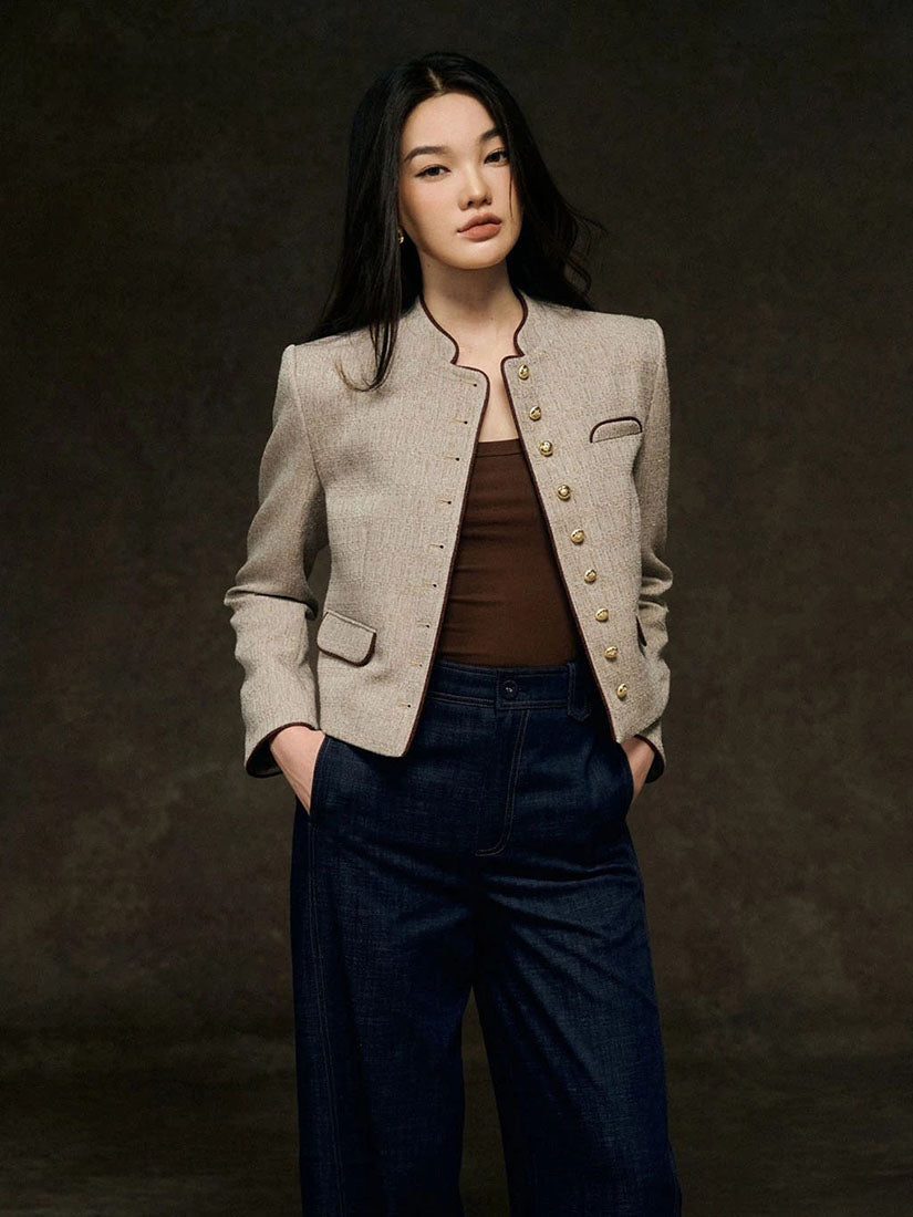 Brown Contrast Trim Mandarin Blazer