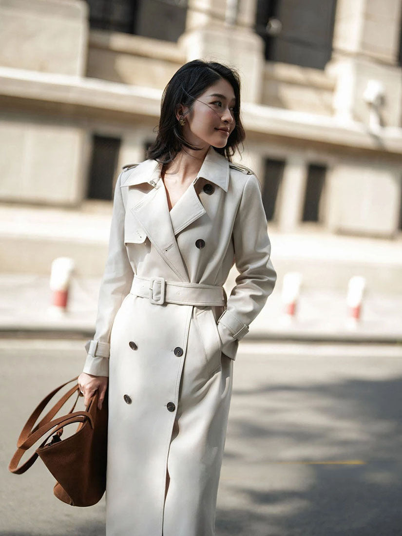 White Double Breasted Belted Trench Coat